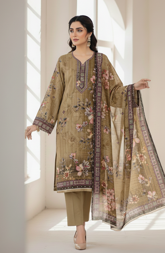 3-Piece Unstitched Karandi Suit – Olive Beige Floral Print
