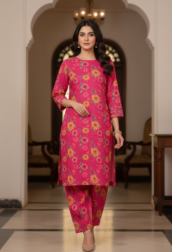 2-Piece Unstitched Dhanak Suit – Bright Pink Floral