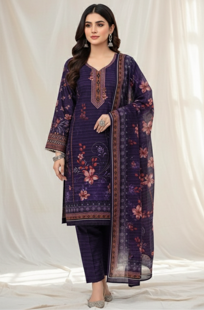 3-Piece Unstitched Karandi Suit – Deep Plum Floral Print