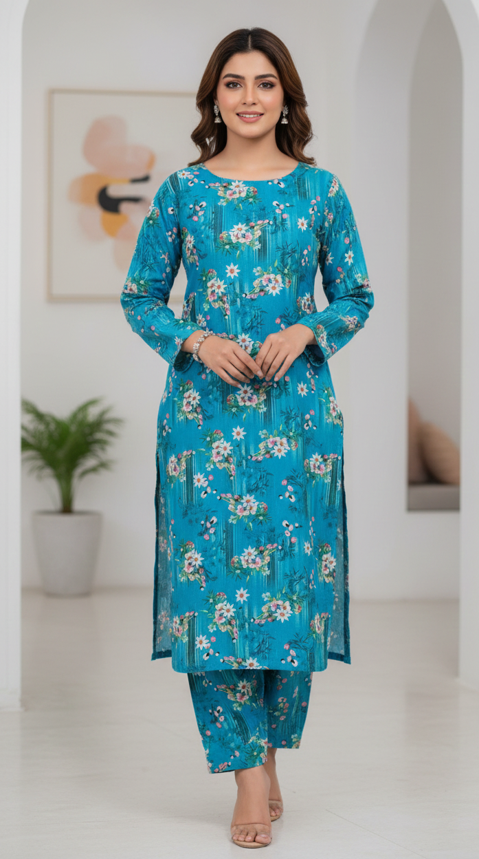 2-Piece Unstitched Khaddar Suit – Turquoise Blue Floral Print