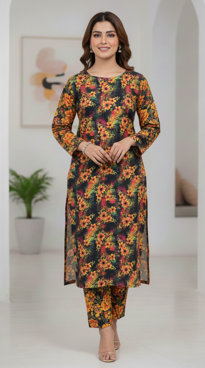 2-Piece Digital Printed Winter Suit – Dark Floral