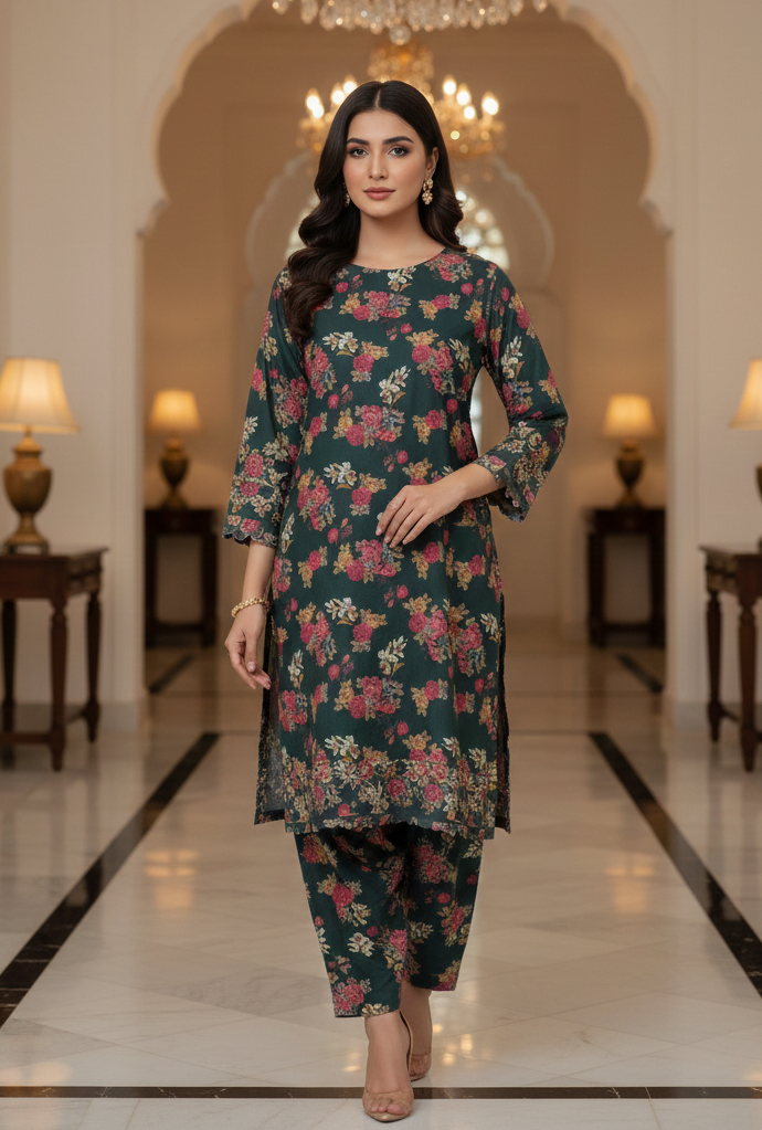 2-Piece Unstitched Dhanak Suit – Forest Green Floral