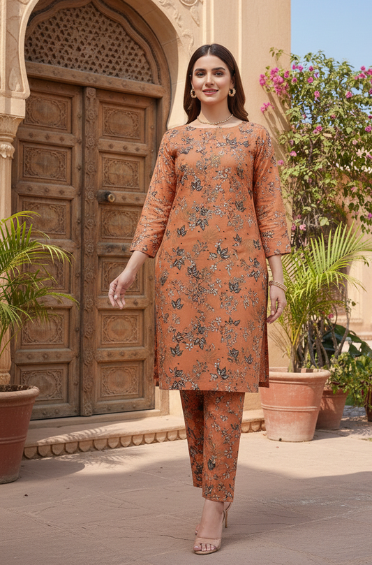 2-Piece Unstitched Dhanak Suit – Orange Floral
