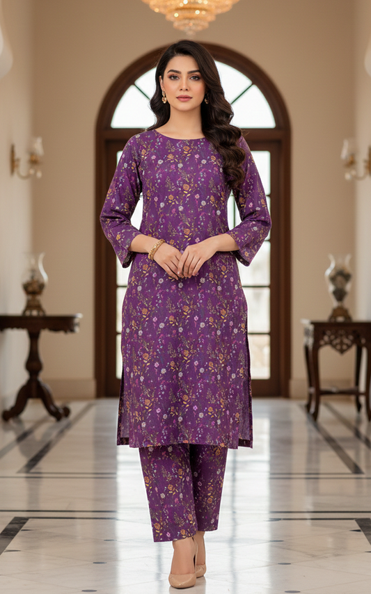2-Piece Unstitched Dhanak Suit – Purple Floral Print