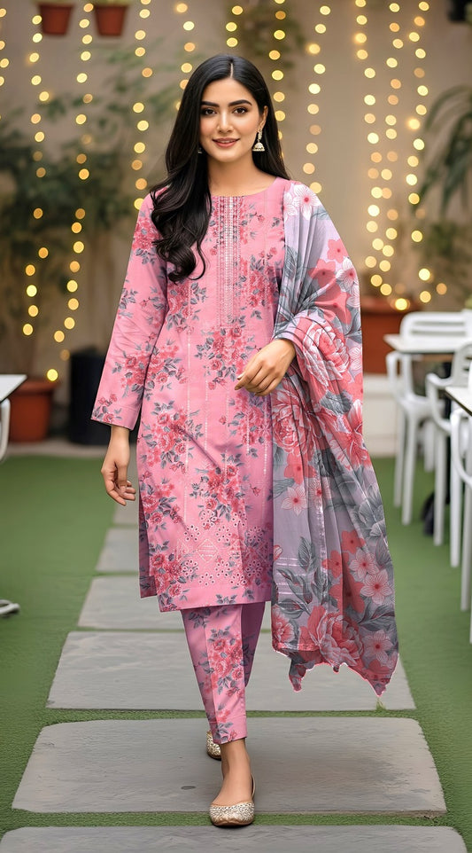 Dhanak 3-Piece Unstitched Suit – Winter Bloom (Embroidered)